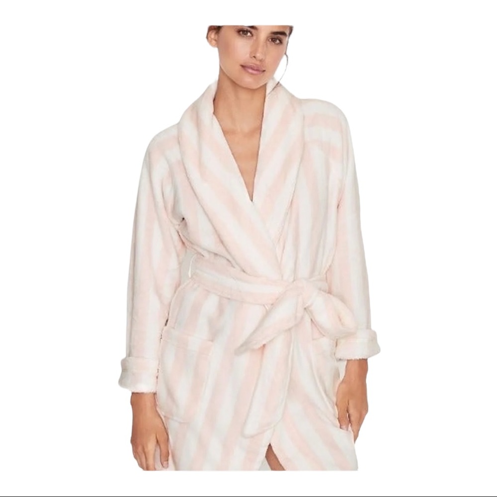 Victoria's Secret Size M/L Pink White Striped Embroidered Logo Cozy Short Robe
